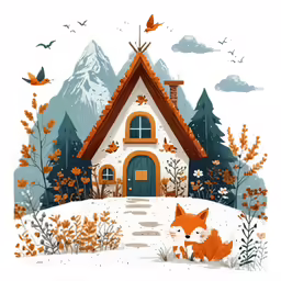 a house in the woods and with a red fox outside