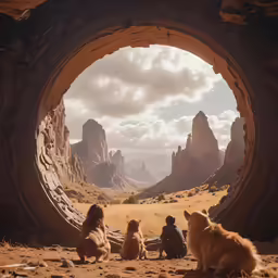 three brown dogs are laying in front of two men