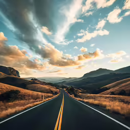 the back of a car drives down an empty highway at dusk