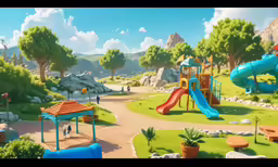 a colorful park with a blue slide and picnic area