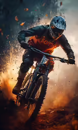 a man on a mountain bike is in the air and has a lot of dust behind him
