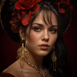 a woman wearing gold jewelry and a hat with flowers