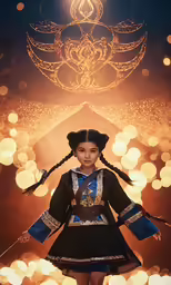 a girl wearing a blue and black outfit standing next to a background of boke, lights, and sparkle