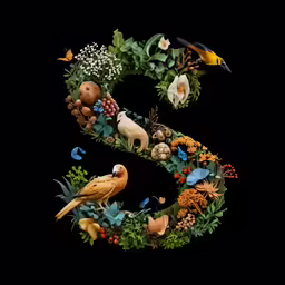 a letter s made up of various flowers and birds