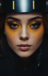 a woman is shown with bright yellow make up and gold eyeliners