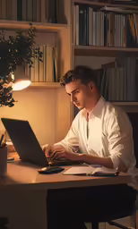 a man is using his laptop at the office desk