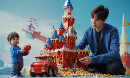 the man is holding his toys as he sits beside him