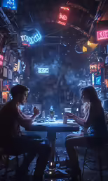 a man and woman sitting at a table in front of neon signs
