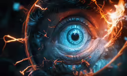 an evil looking eye that is glowing red, yellow, and blue