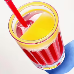there is a glass of juice and a straw in it