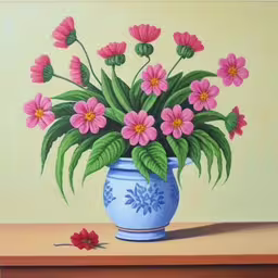 a painting of a blue and white vase holding a flower,a painting of flowers in a vase and a flower