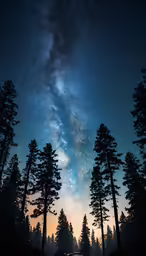 a night time scene with trees and a road