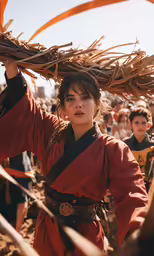 a young girl in an orange and black dress is holding onto two branches