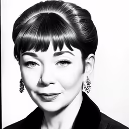 a woman with bangs is smiling while wearing a blazer