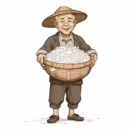 an old man with a basket full of rice