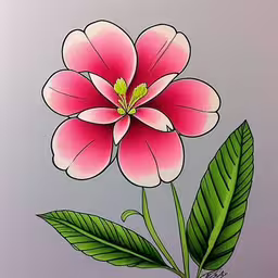 a pink flower with green leaves in the center,an artistic flower is painted on the wall,an image of a flower on a gray wall,a drawing of a flower and a green leaf,a pink flower with green leaves in a glass vase