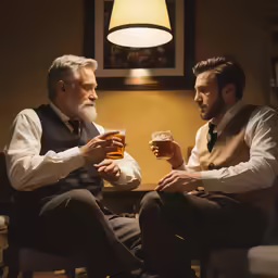 two men drinking beer and looking at each other