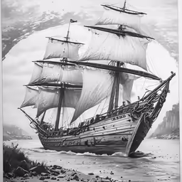an old boat with several people on it is sailing through the ocean