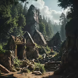 the cave houses have rocks and trees in them