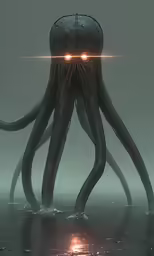 an octopus standing on top of water in front of a sea creature