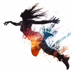 an artistically painted woman jumping through the air