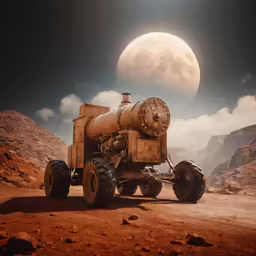 an old truck with large tires in front of a full moon