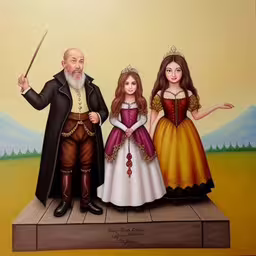 a painting of two children, an older man, a younger girl and an older man in dresses,a man standing with two women in dress and holding a wand