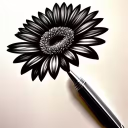 a drawing of a black and white sunflower,a fountain pen is next to an illustration of a large sunflower