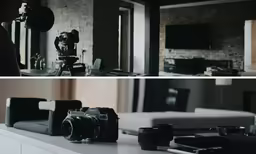 two images side by side of a living room with an entertainment area and living room furniture