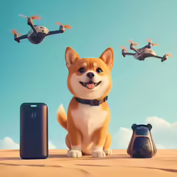 a corgi is standing next to a cell phone and a flying toy