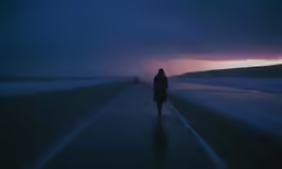 two people walking along a deserted path with the dark clouds in the sky