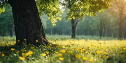 a sunlit tree with green grass and yellow flowers