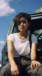 a woman sitting on the back of a vehicle,a woman sitting on the side of a vehicle
