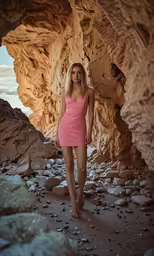 a girl in pink dress standing on rocks