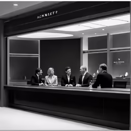 five people sitting at a desk in a room
