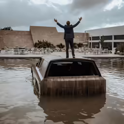 a man stands on top of an old car in a flooded area