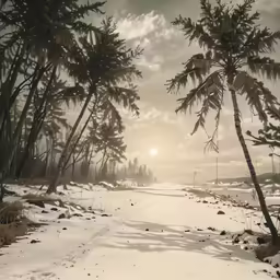 the sun is setting over some snowy trees