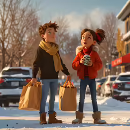 two women hold shopping bags as they walk down a street