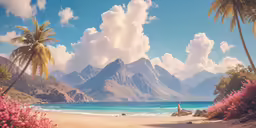 a painting of a person standing at the beach