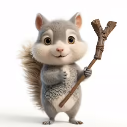 a gray squirrel holding a tree branch and a stick