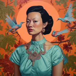 a painting of a woman with birds on her shoulders,a painting of a woman in a turquoise dress and three blue birds