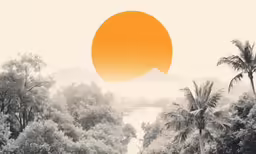 a orange sun is seen over a jungle scene