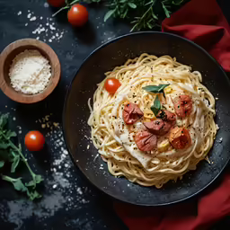 a black plate filled with pasta and vegetables