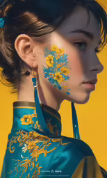 the model has blue and yellow painted on her face