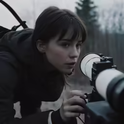 a woman looks at a camera on the ground