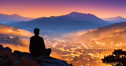 a person sitting on top of a mountain next to a city,a person sitting on a hill looking at the city