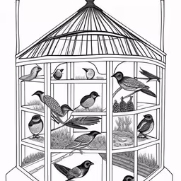 a bird cage filled with different types of birds,birds are sitting in a cage on the ground,birds in a cage with the top section closed,a bird cage with several birds inside of it,a birdcage with many birds in it