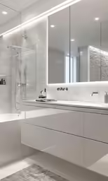 modern bathroom with modern lighting and marble countertops
