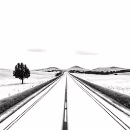 an empty train track through the mountains in black and white