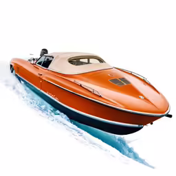 a boat with orange paint on it going through the water